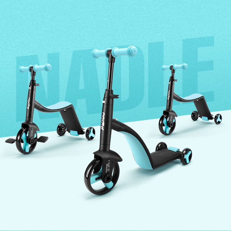 Three stylish black and blue scooters arranged against a light blue background.