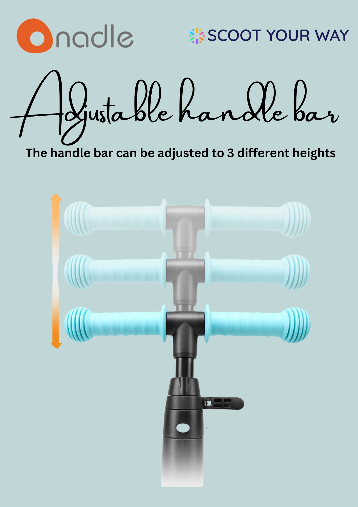 Adjustable handlebar with three height settings for customized comfort.
