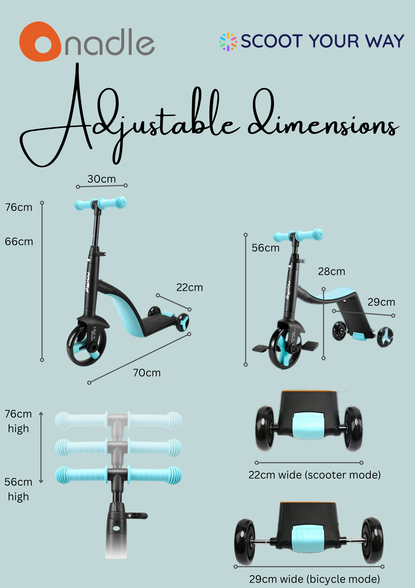 Diagram showing adjustable dimensions for a multifunctional scooter and bike.