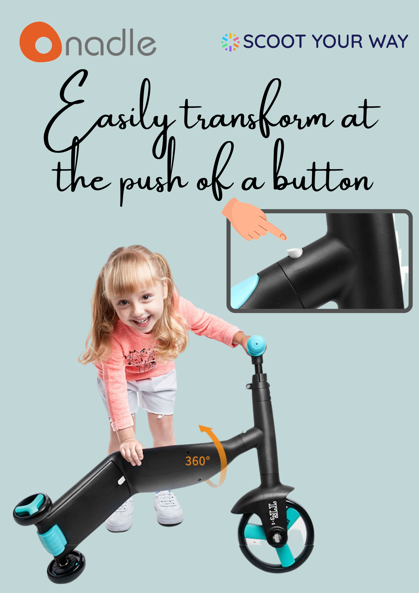A child demonstrates a scooter that transforms easily with a button push.