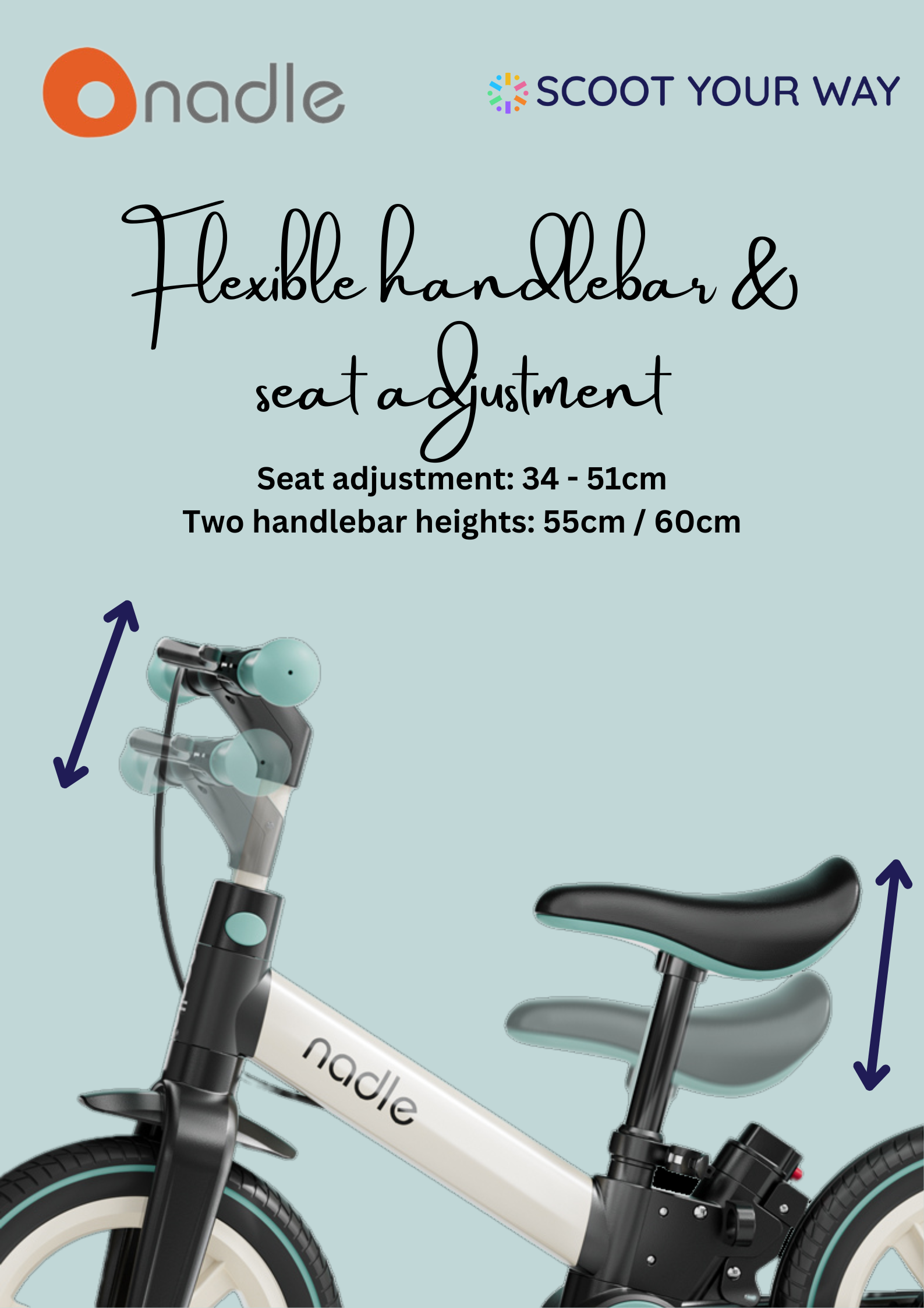 Diagram showing adjustable seat and handlebars for a children's bike with measurements.