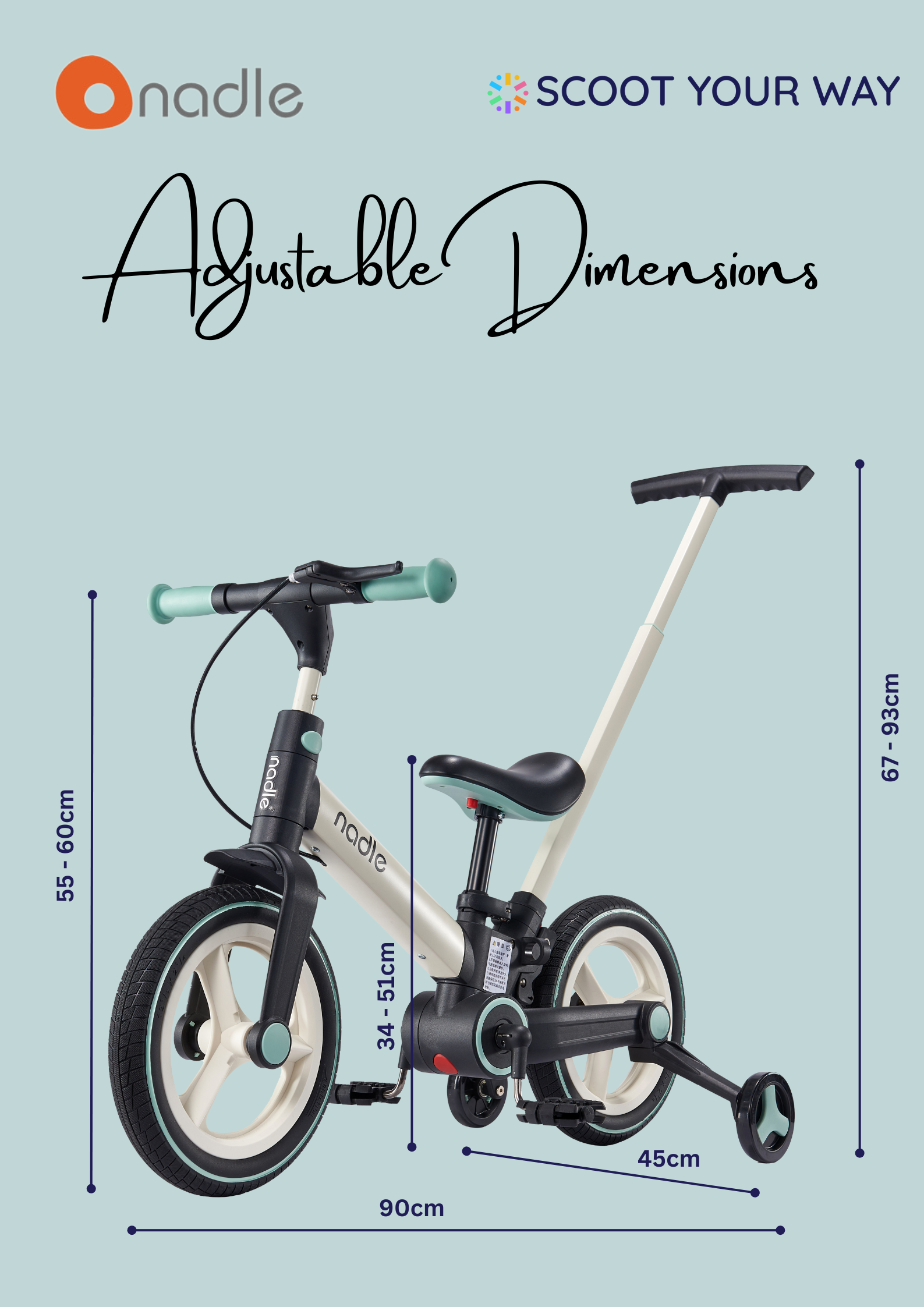 Children's bike showcasing adjustable dimensions and features on a light background.