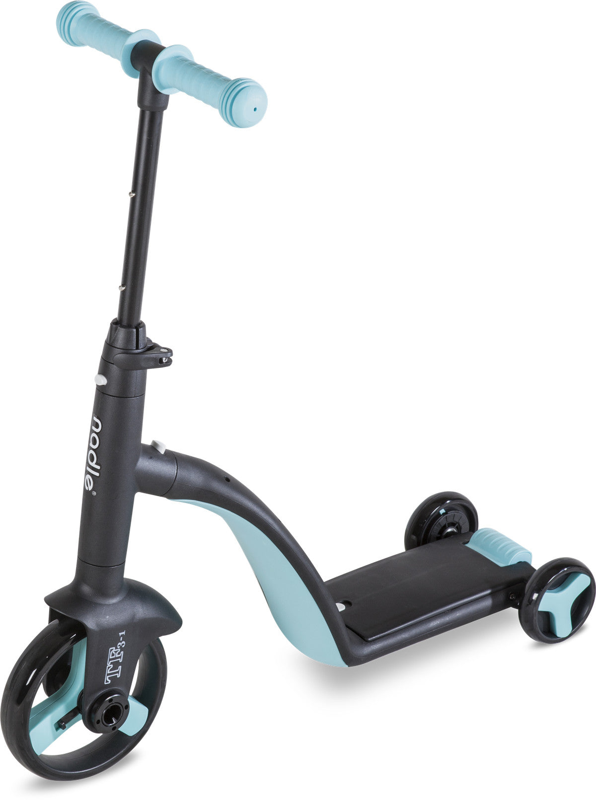 A sleek black and teal children's scooter with large wheels and a sturdy base.