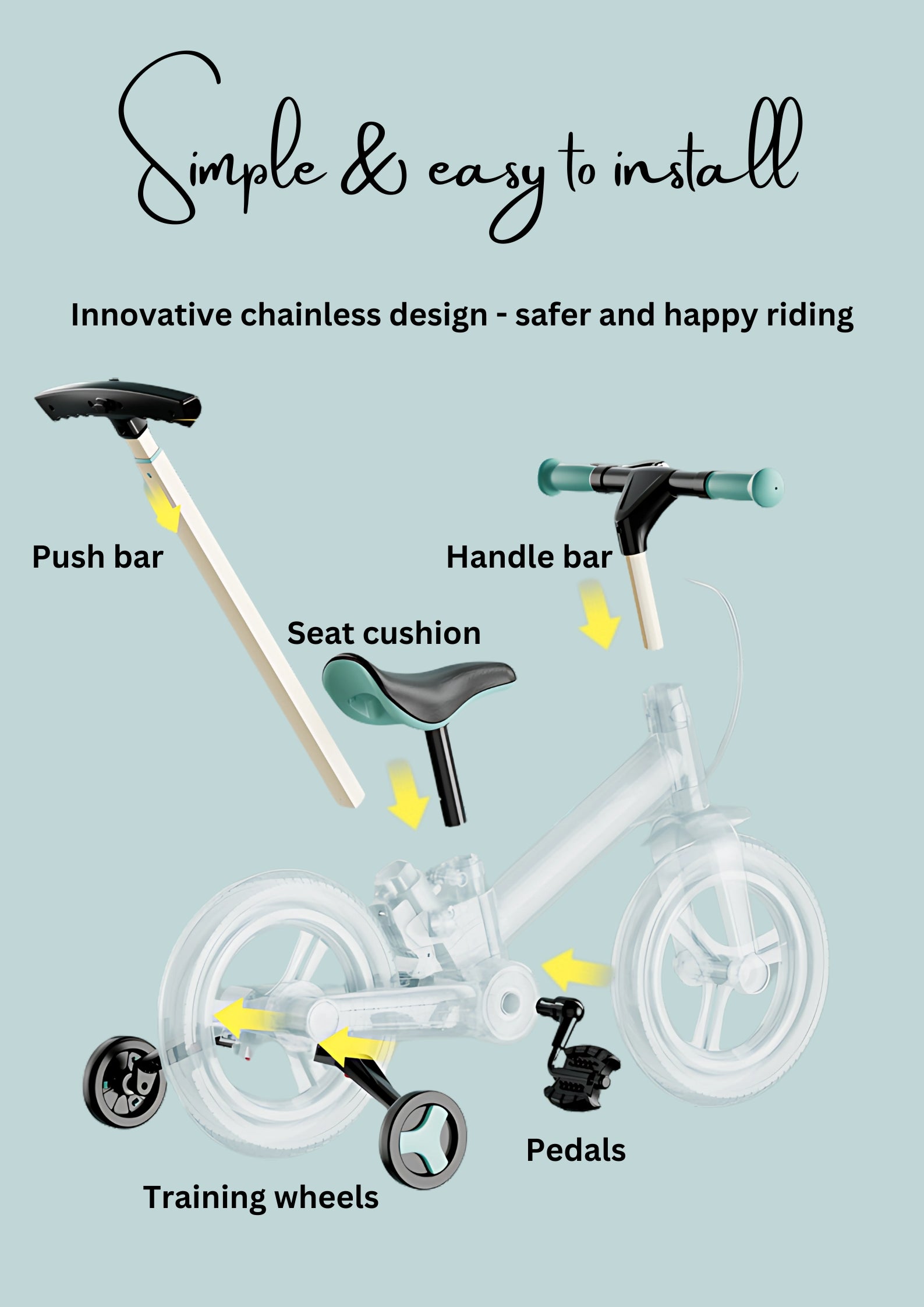 Diagram highlighting easy installation of a chainless bike with key components labeled.