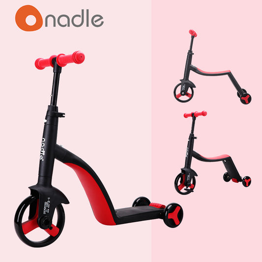 Two views of a black and red children's scooter with adjustable features.
