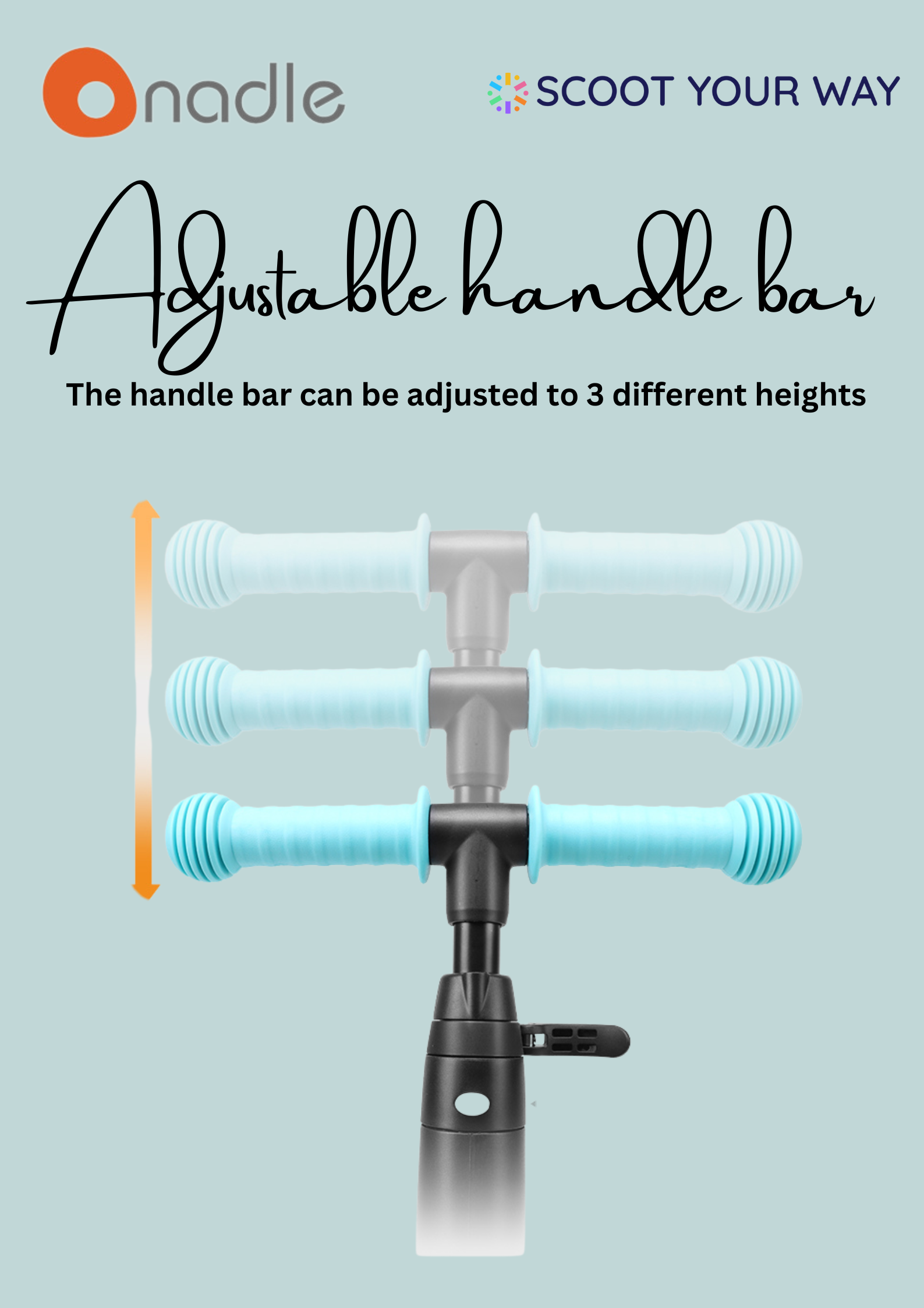 Adjustable handlebar with three height settings for customized comfort.