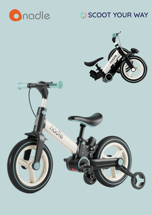Two views of a stylish children's bike, featuring a foldable design and modern colors.